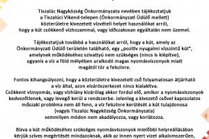 Tiszalúci Víkend-telepen működő kút működésével kapcsolatos tájékoztatás!