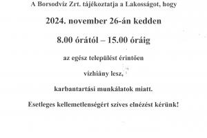 Vízhiány 2024.11.26-án karbantartási munkálatok miatt!