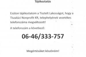 A Tiszalúci Nonprofit Kft. tájékoztatása!