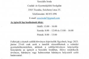 Tájékoztatás szünidei gyermekétkeztetésről!