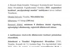 Felhívás induló "mezőgazdasági munkás" tanfolyamra.