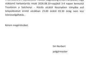Lakossági tájékoztatás vízközmű karbantartás miatt!