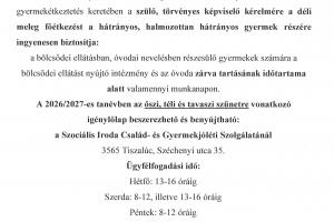 Tájékoztatás szünidei gyermekétkeztetésről